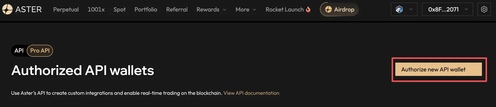 Aster Pro API → Authorize new API wallet