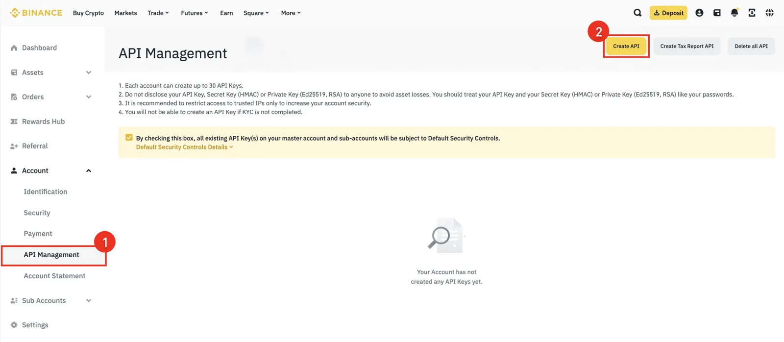 Binance API Management → Create API