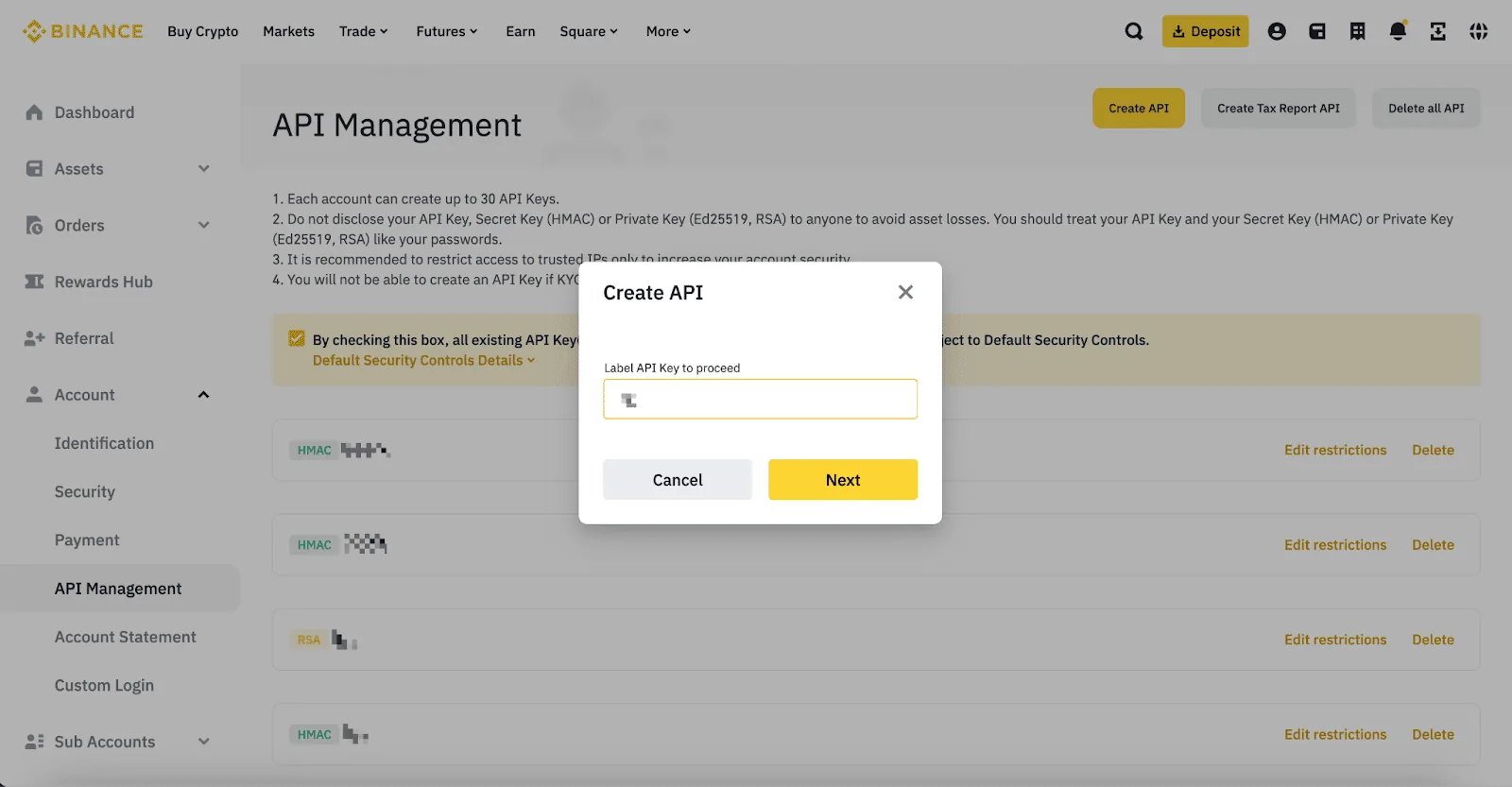 Binance 给 API 填写独立名称