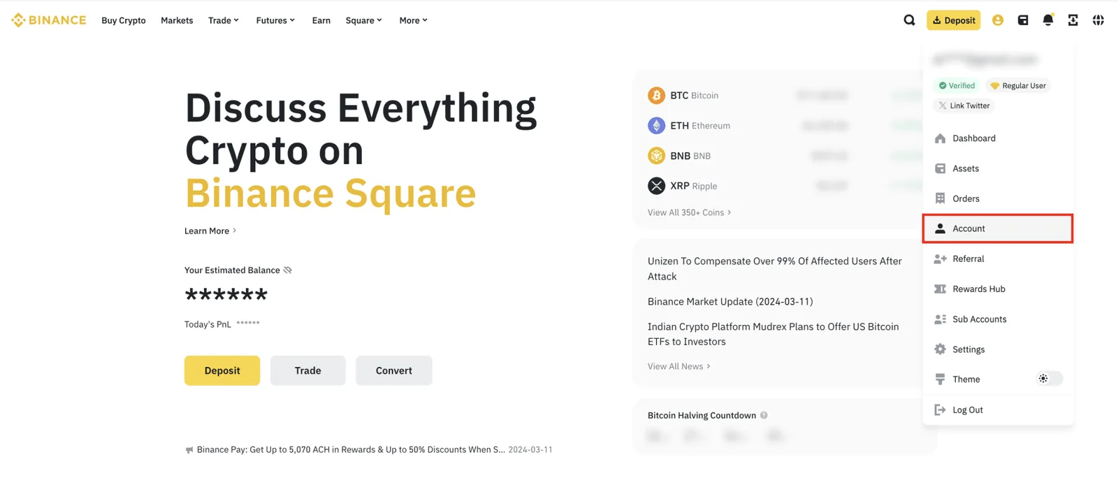 Binance 头像菜单进入 Account
