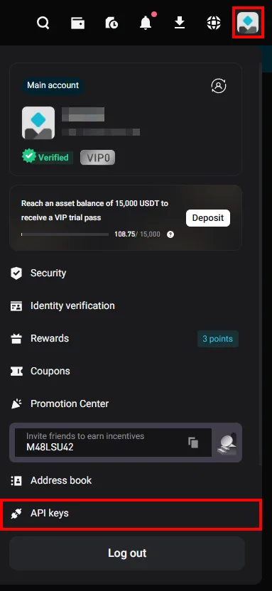 Bitget 头像菜单中的 API keys 入口