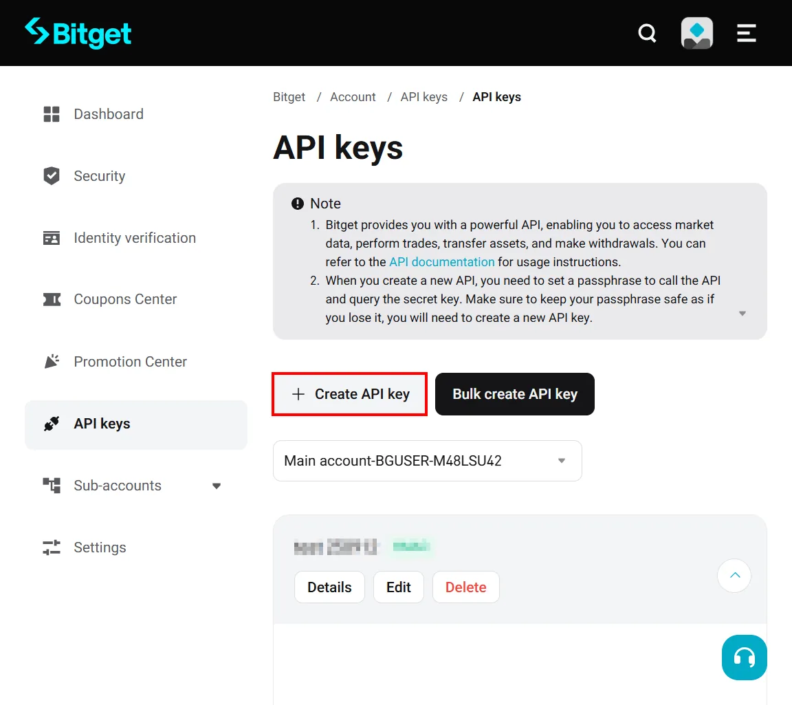 Bitget API keys 页面点击 Create API key