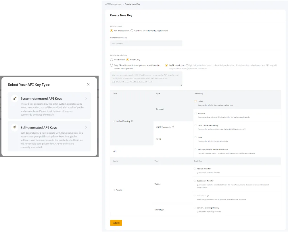 Bybit API Transaction、名称、权限与 IP 全表单