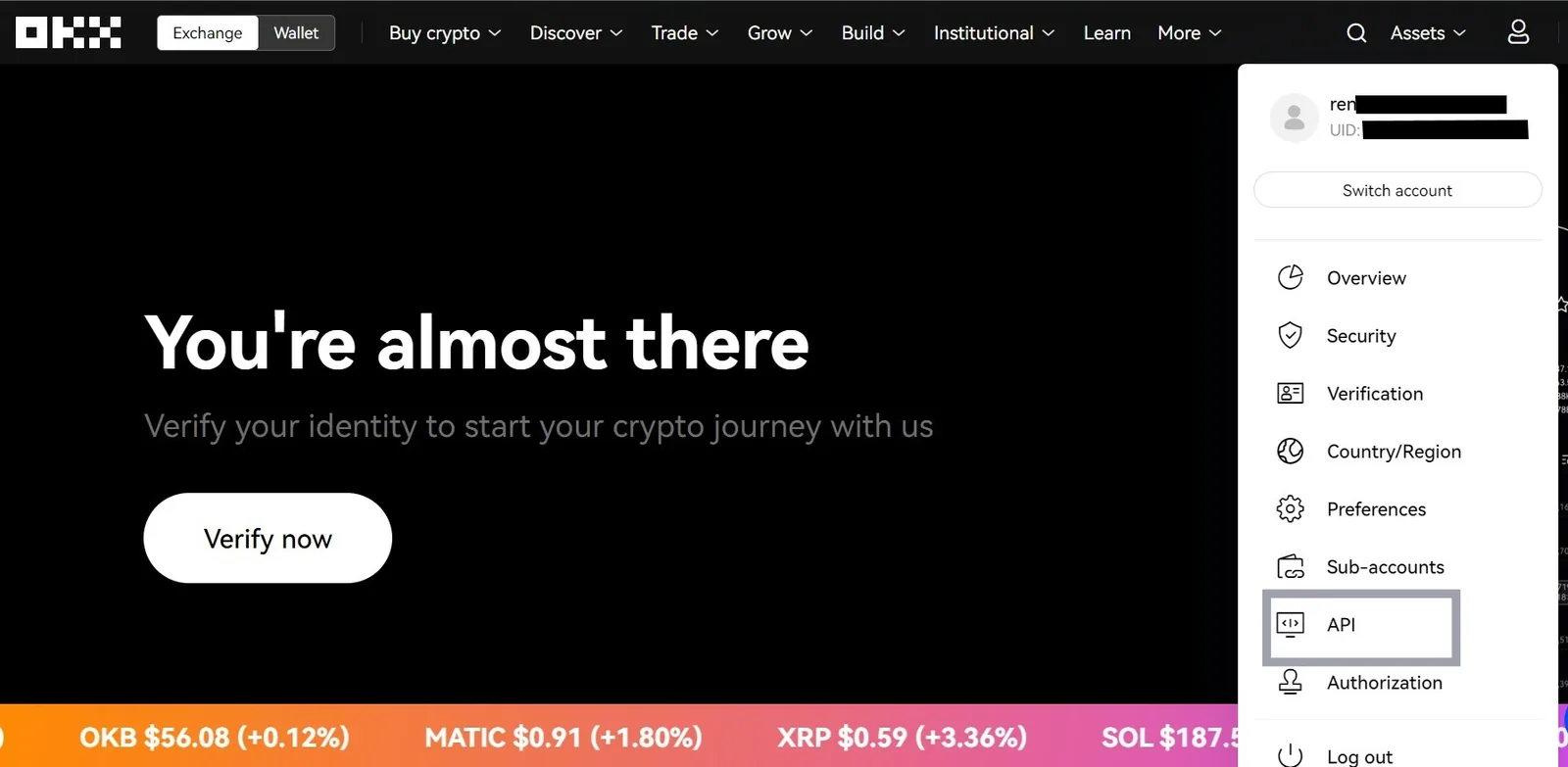 OKX 从头像菜单进入 API